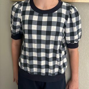 t.la short sleeve, navy blue and white checkered top ugly chicken